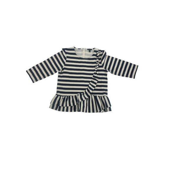 ⚓️ J. Crew Navy Blue Striped Ruffle Drop Waist Top Medium ⚓️ - Picture 5 of 7